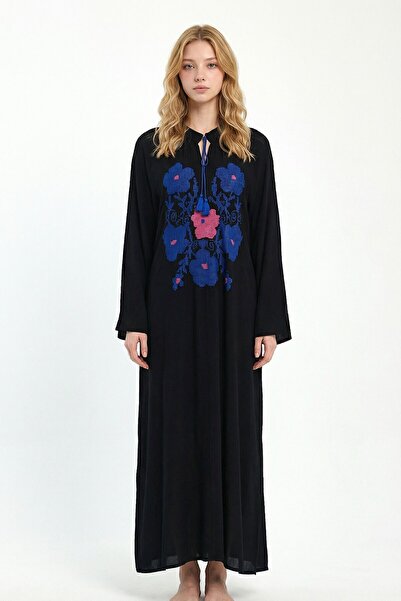 loia Γυναικείο μαύρο φόρεμα με κέντημα στο γιακά, μακρύ, υφαντό, κομψό φόρεμα...