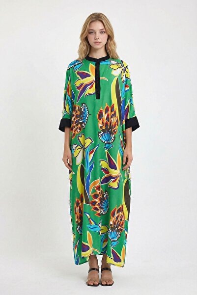 bacc Rochie țesătă lungă, verde, cu guler de judecător, cu modele florale Bcv...