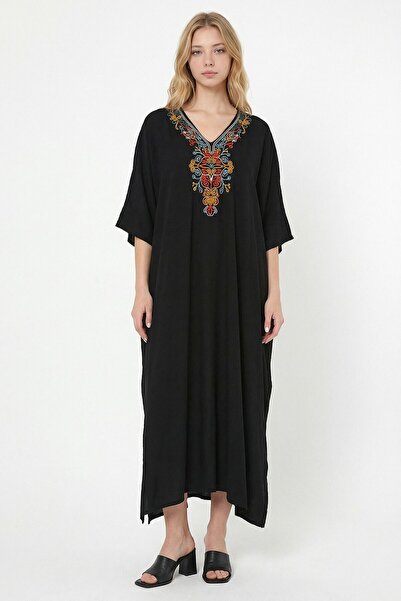 loia Γυναικείο μαύρο κεντημένο φόρεμα μάξι με υφαντό βισκόζη κομψό φόρεμα L26...