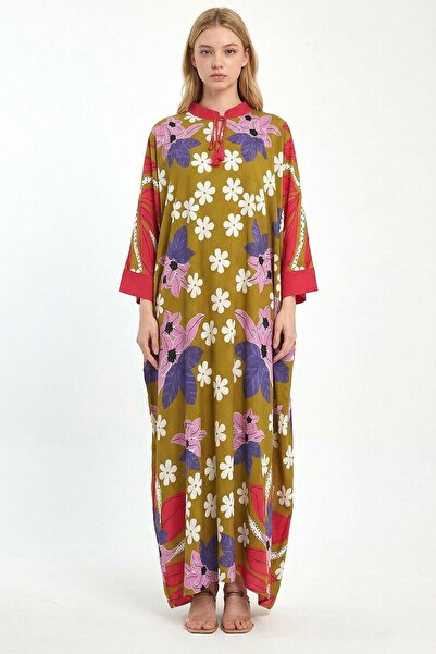 loia Γυναικείο φόρεμα με στάμπα λαδί πράσινο χρώμα, μάξι μήκος, υφαντό από βι...