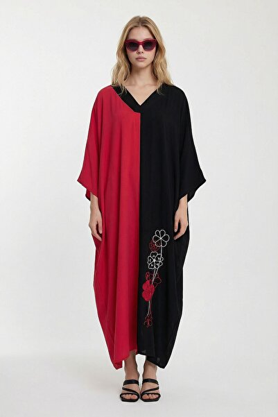 bacc Γυναικείο φούξια φόρεμα πουκάμισο με λαιμόκοψη V, κεντημένο, με χρωματικ...