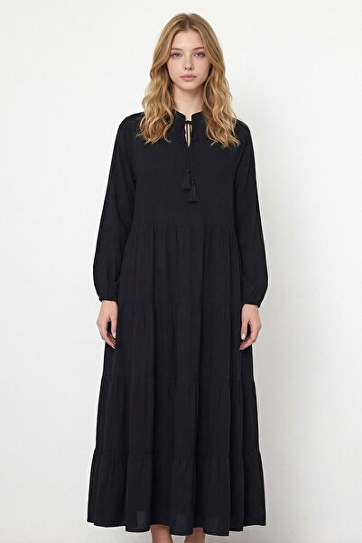 loia Γυναικείο μαύρο φόρεμα μάξι με βολάν, υφαντό από βισκόζη, κομψό L26-BCVL...