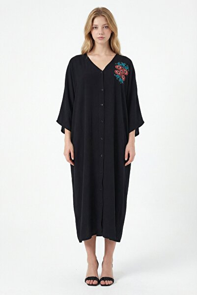 loia Women's Black Embroidered Maxi Length Woven Viscose Stylish Dress L26-Bc...