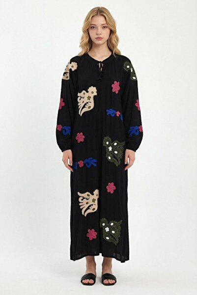 bacc Rochie lungă țesătă cu broderie cu guler negru pentru femei Bcvl-24915