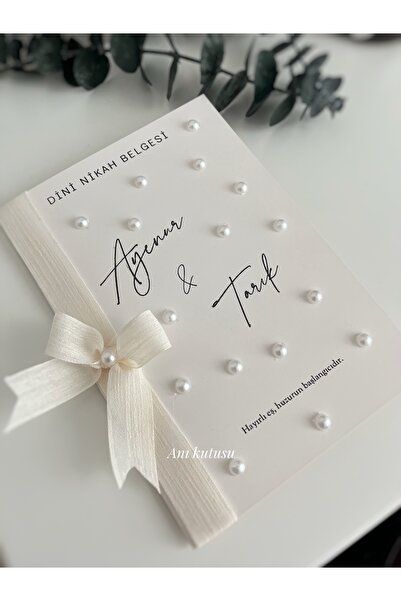 Anı Kutusu Kişiye Özel İsimli Nikah Belgesi İnci Kurdele Süslemeli