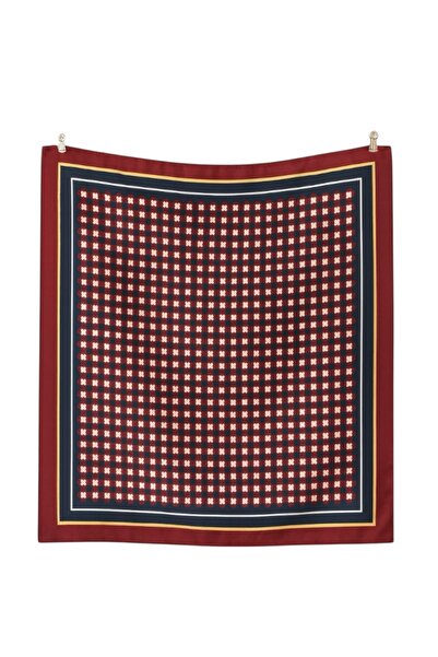 AGAPI Bordo Lacivert Kareli İpek Saten Fular | Klasik Desenli Şık Kadın Bandana