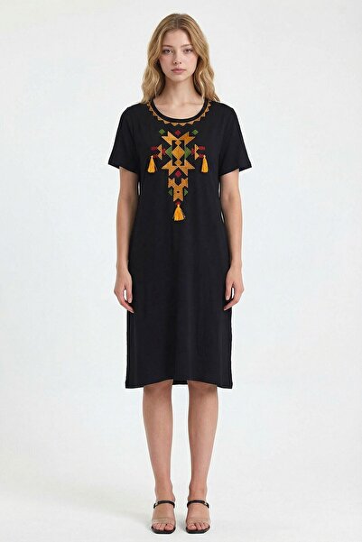 loia Γυναικείο μαύρο πορτοκαλί κεντημένο πλεκτό φόρεμα από βισκόζη L26-BCVL-2...