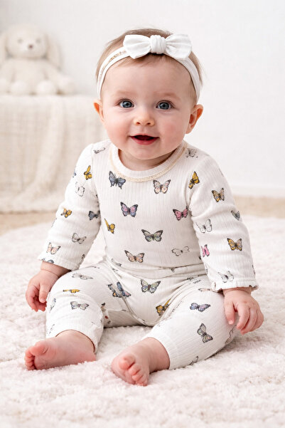 VERONA TARZ Kız Bebek Kelebek Desenli Dantelli Balon Kollu Çıtçıtlı 3lü Takım...