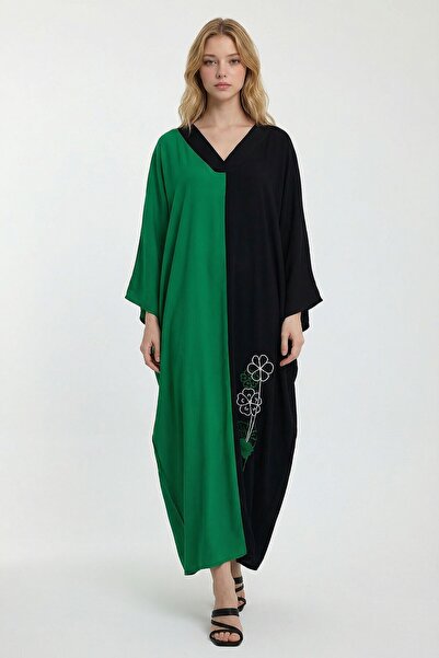 bacc Γυναικείο πουκάμισο-φόρεμα με πράσινο λαιμόκοψη V, κεντημένο με χρωματικ...