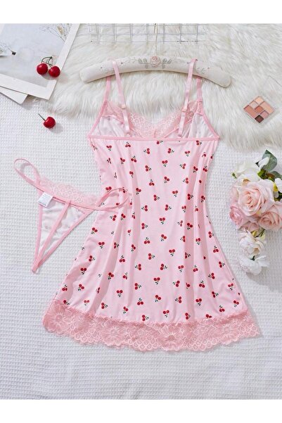 AZZERİ pembe kiraz desenli askılı gecelik ve tanga