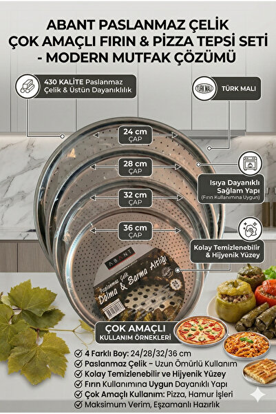 Abant Stainless Steel Set of 4 Pizza Tray 24-28-32-36 cm