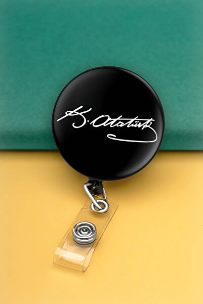 Apptakı Mustafa Kemal Atatürk İmza Siyah Metal Buton Yoyo Yaka Kartığı Kart T...