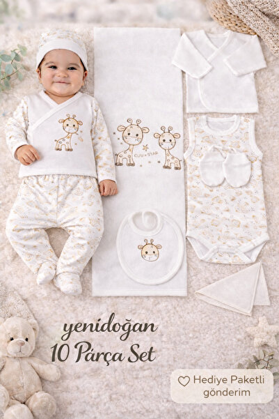Petino Yenidoğan Unisex Zürafalı Bebek Hastane Çıkış Seti 10 Parça – Bej