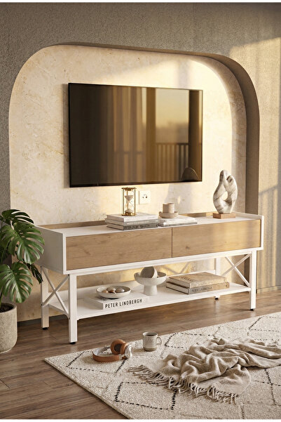 Yurudesign Molena Tv Ünitesi Sehpası Beyaz Metal Ayaklı 140cm Sepet-Beyaz MA1-SW