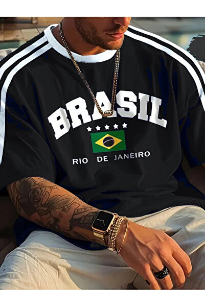 Richarlison Чоловіча чорна футболка оверсайз з бразильським принтом та смужка...