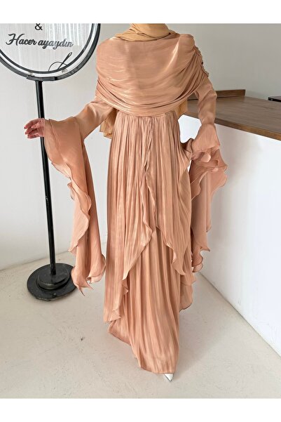 Aranlı tekstil Drape Detailed Sleeves with Ruffles and Cape Hijab Evening Dre...
