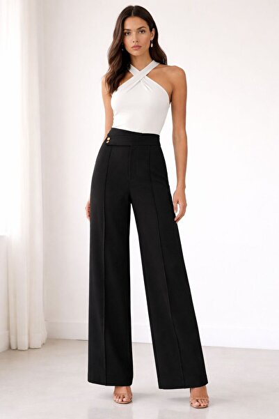 nathia outdoors Ψηλόμεσο γυναικείο παντελόνι Palazzo με λεπτομέρεια διπλού κο...