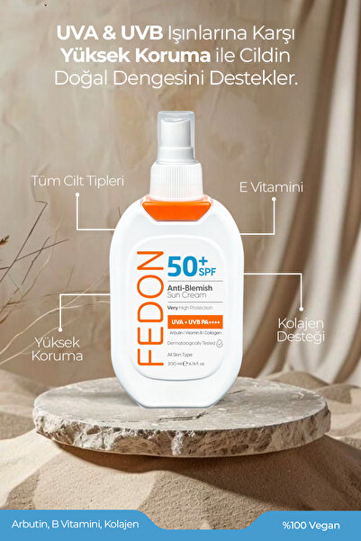 fedon SPF 50 Faktör Güneş Kremi 200 ml Yüksek Koruma Vegan Leke Karşıtı Suya Dayanıklı Vitamin B Kolajen