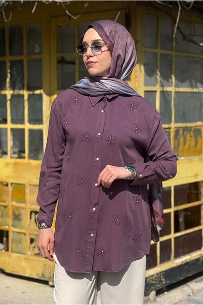 Moda Rosa 26Y7094 - MÜRDÜM - ÇİÇEK TAŞLI MODAL GÖMLEK