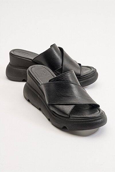 Zeynep Sıradağlı Γυναικείες παντόφλες από γνήσιο δέρμα Μαύρες Ebramo