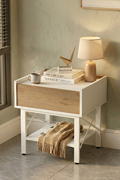 Yurudesign Molena Komodin Çekmeceli Beyaz Metal Ayaklı Sepet-Beyaz MA7-SW