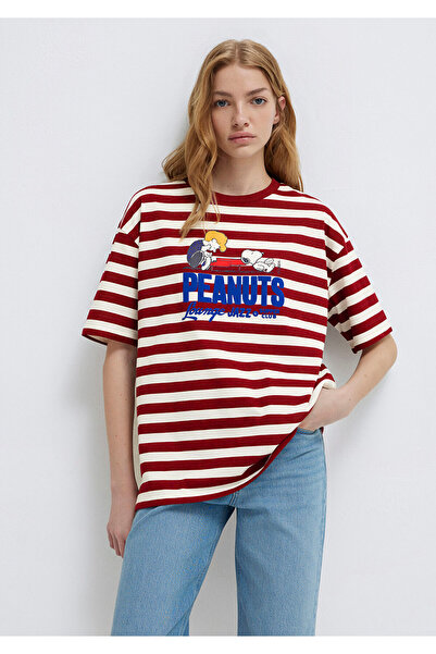 Mavi Snoopy Baskılı Bordo Tişört Loose Fit / Bol Rahat Kesim 1614057-91577
