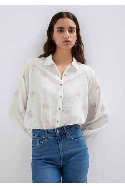 Mavi Çiçek Baskılı Ekru Gömlek Loose Fit / Bol Rahat Kesim 122514-91496
