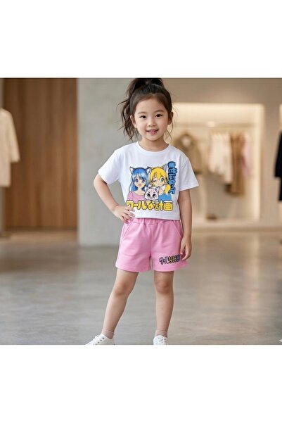 YARENKİDS Girl's Pink Shorts T-Shirt Top and Bottom Set Ages Printed Set