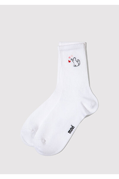 Mavi Cat Embroidered White Socks 1913871-620