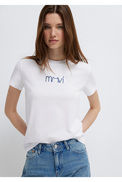 Mavi Kedi Baskılı Beyaz Tişört Semi Slim Fit / Yarı Dar Kesim 1613387-620