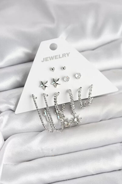 Skygo طقم أقراط نحاسية فضية اللون مكون من 6 قطع - TJ-BKP11334