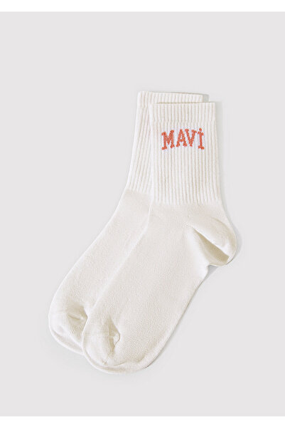 Mavi Logo Detaylı Ekru Soket Çorap 1912726-620