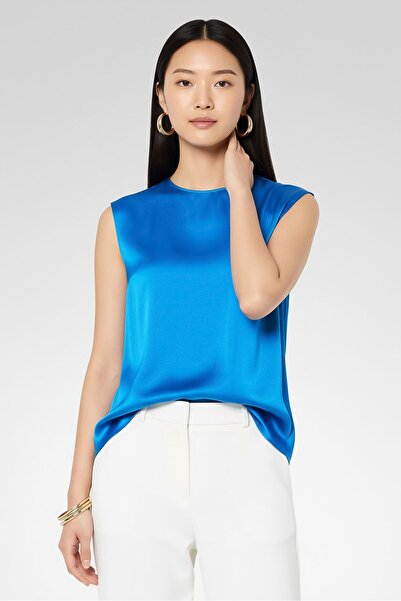 Stella McCartney بلوزة نسائية سادة بدون أكمام ورقبة دائرية، أزرق ملكي