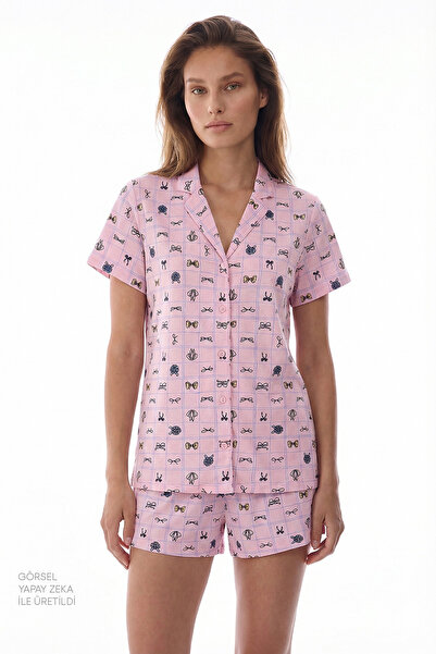 Penti طقم بيجامة وردي اللون مكون من قطن قطع مع أقواس لطيفة وقميص وشورت
