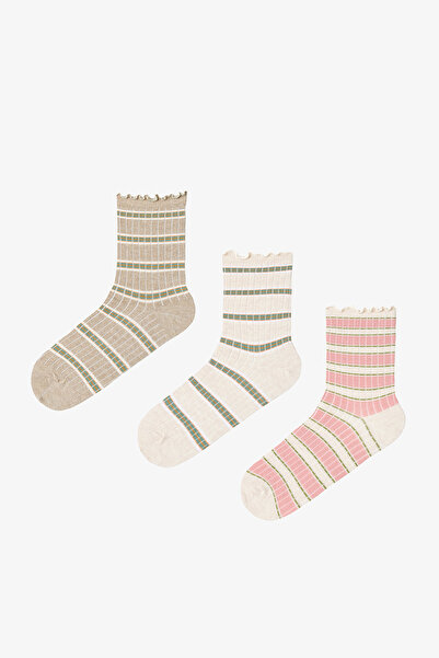Penti Kahve Sahlep Ruffled Stripe 3lü Soket Çorap