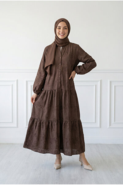 MİHRA STORE Asude Brode Desen Yarım Patlı Elbise-PE600 Kahve