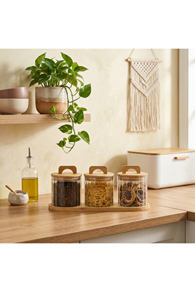 MİEN طقم برطمانات بغطاء من الخيزران مكون من 3 قطع