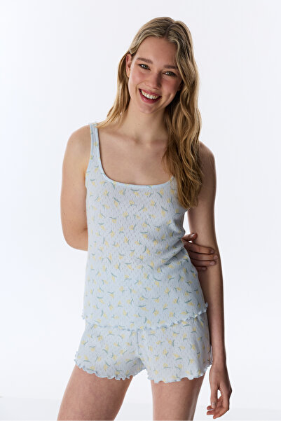Penti Light Blue Flora Pointel Cotton Piece Shorts Pajama Set