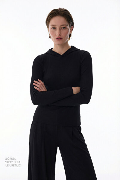 Penti Siyah Hooded Ribbed Modal Sweatshirt