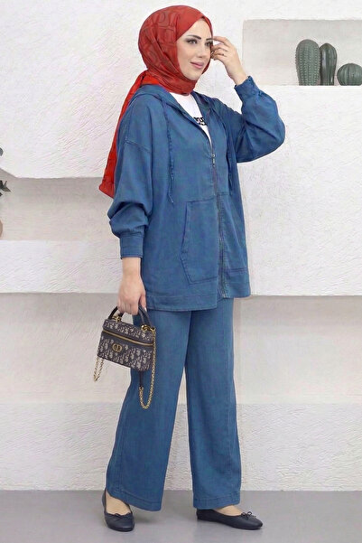 Suede Style 5398 - Rahat Salaş İnce Kadın Kot Kapüşonlu Ceket Pantolon Takımı