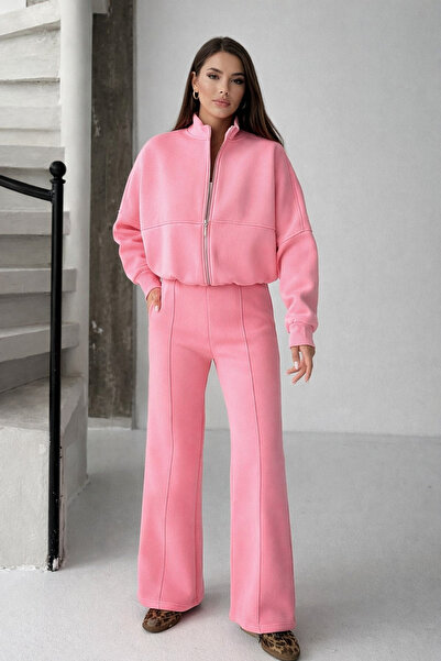 İLKCET MODA Zipper Collar Pink Pocketless Crop Women's Top and Bottom Set