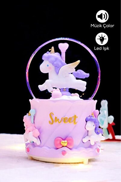DEMPOWER Sweet Unicorn Figürlü Müzikli LED Işıklı Kar Küresi Mor Renk