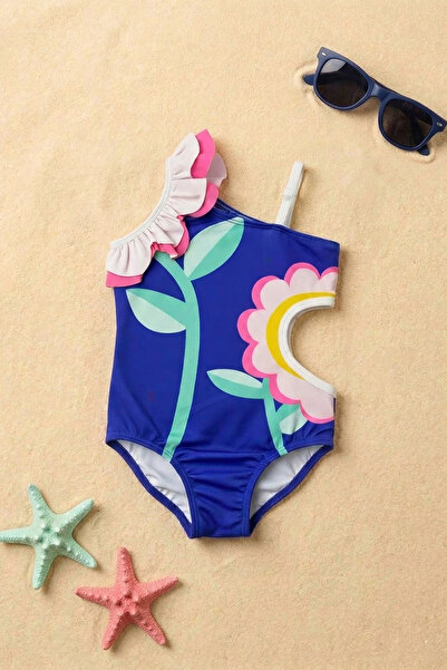 Minipodyum ملابس سباحة للفتيات مزينة بالكشكشة وطبعة الزهور مع فوطة صحية