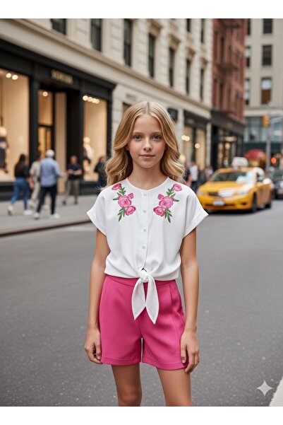 Hilal Akıncı Kids Κέντημα για κορίτσια Λεπτομερές λευκό πουκάμισο με δέσιμο μ...