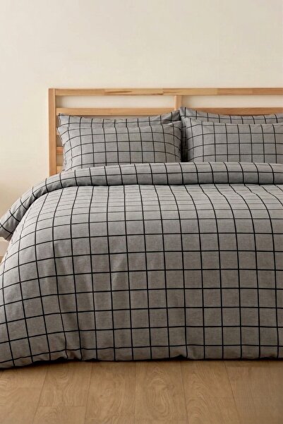 LaLiva Gray Checkered Double Bed Sheet with Elastic - Cotton Duvet Cover Set -