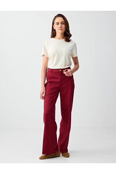 Jimmy Key Μπορντό παντελόνι με κανονική μέση και φαρδιά μπατζάκια, υφαντό μακ...