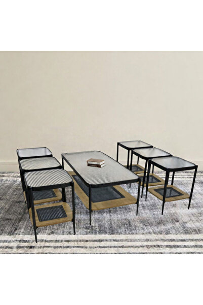Generic طقم طاولة تقديم أنيق مكون من 7 قطع من الزجاج، بإطارات معدنية سوداء وأ...