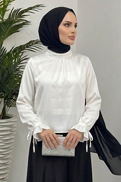 Tesettür Diyarı Πουκάμισο χιτζάμπ από σατέν με κορδόνια στα μανίκια - Λευκό