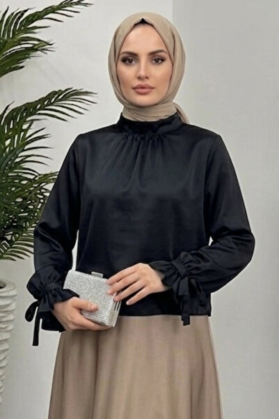 Tesettür Diyarı Rahe Sleeves Gathered Tie-Up Satin Hijab Shirt - Black