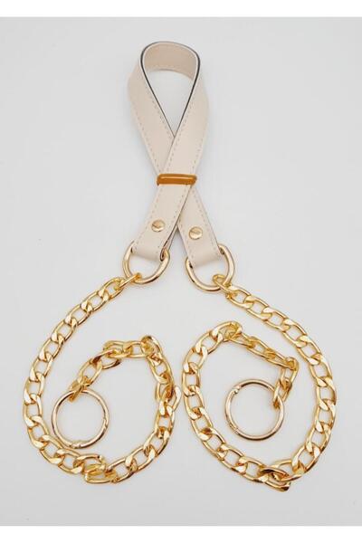 angel çanta aksesuar Suni Deri Dikişli Light Gold Zincirli Krem Renk Çanta Sapı